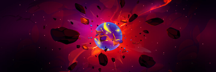 Planet explosion, asteroid or meteorite burst with fire, smoke and flying stones in outer space. Vector cartoon fantastic illustration of galaxy with stars and blue sphere blast © klyaksun
