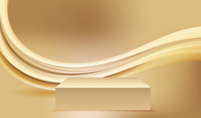 Podium empty studio place to display product with fluid gold waves vector background. Cosmetic commercial place with golden podium design.	
