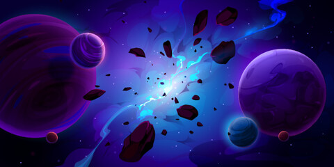 Fantasy outer space background with alien planets, stars and explosion with smoke and flying stones. Vector cartoon illustration of galaxy with fantastic nebula © klyaksun
