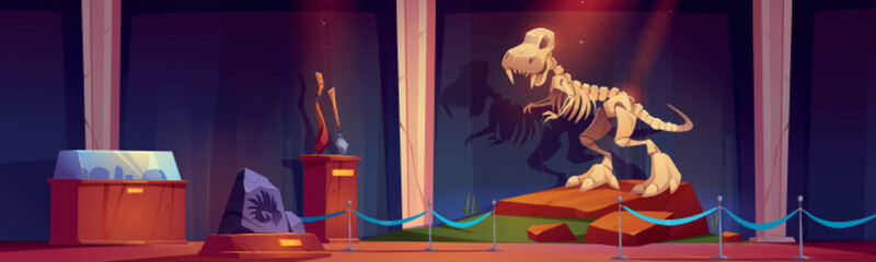 Paleontology museum with dinosaur skeleton at night. prehistoric jurassic era exhibit with Tyrannosaurus rex fossils, stone ages weapon and mollusk print ancient artifacts, Cartoon vector illustration