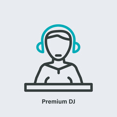 Premium DJ isolated linear vector icon. Bicolor outline pictogram of a man with headphone and dj console