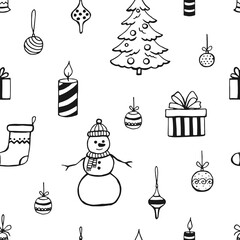 Christmas seamless pattern, hand drawn style doodle elements. Vector illustration.