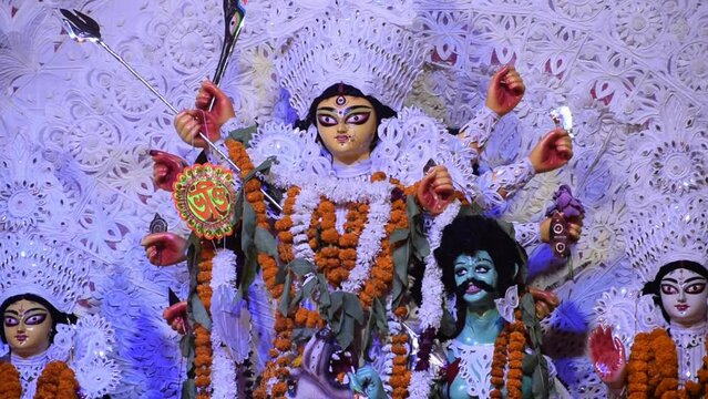 Goddess Durga with traditional look in close up view at a South Kolkata Durga Puja, Durga Puja Idol, A biggest Hindu Navratri festival in India