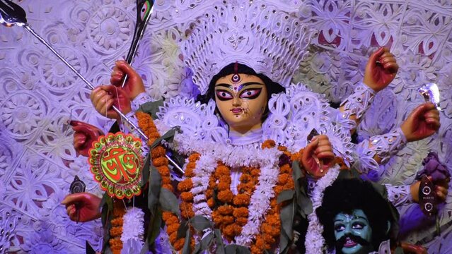 Goddess Durga with traditional look in close up view at a South Kolkata Durga Puja, Durga Puja Idol, A biggest Hindu Navratri festival in India