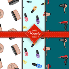 Seamless pattern with decorative cosmetics. Cartoon style. Vector illustration.