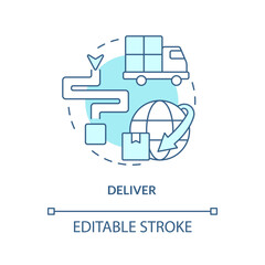 Deliver turquoise concept icon. Transportation. Component of supply chain management abstract idea thin line illustration. Isolated outline drawing. Editable stroke. Arial, Myriad Pro-Bold fonts used
