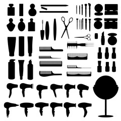 Set of silhouettes of items for beauty salons, beauty shops on white background. Vector illustration. Cartoon style.