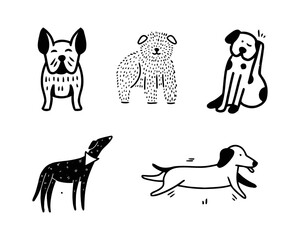 Funny doodle dogs seamless pattern, doodle pets on a white background