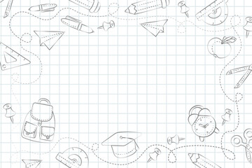 light background vector notebook in a cage with a freehand drawing of stationery items back to school