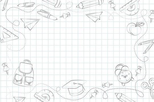 light background vector notebook in a cage with a freehand drawing of stationery items back to school