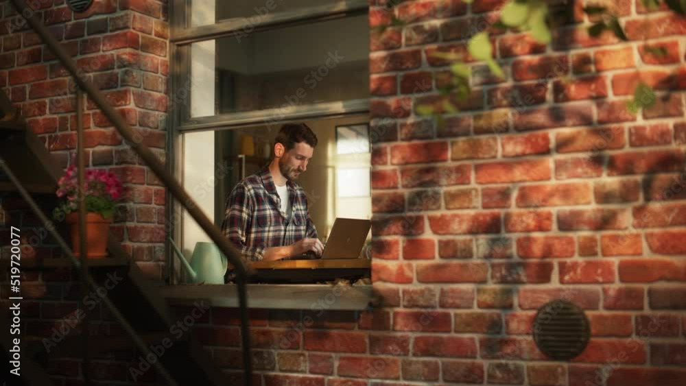Poster professional man using laptop and does remote work from living room. e-business entrepreneur uses co