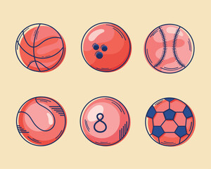 six sports equipment icons