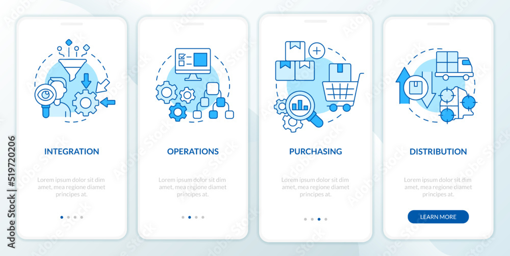 Poster elements of supply chain management blue onboarding mobile app screen. walkthrough 4 steps editable 