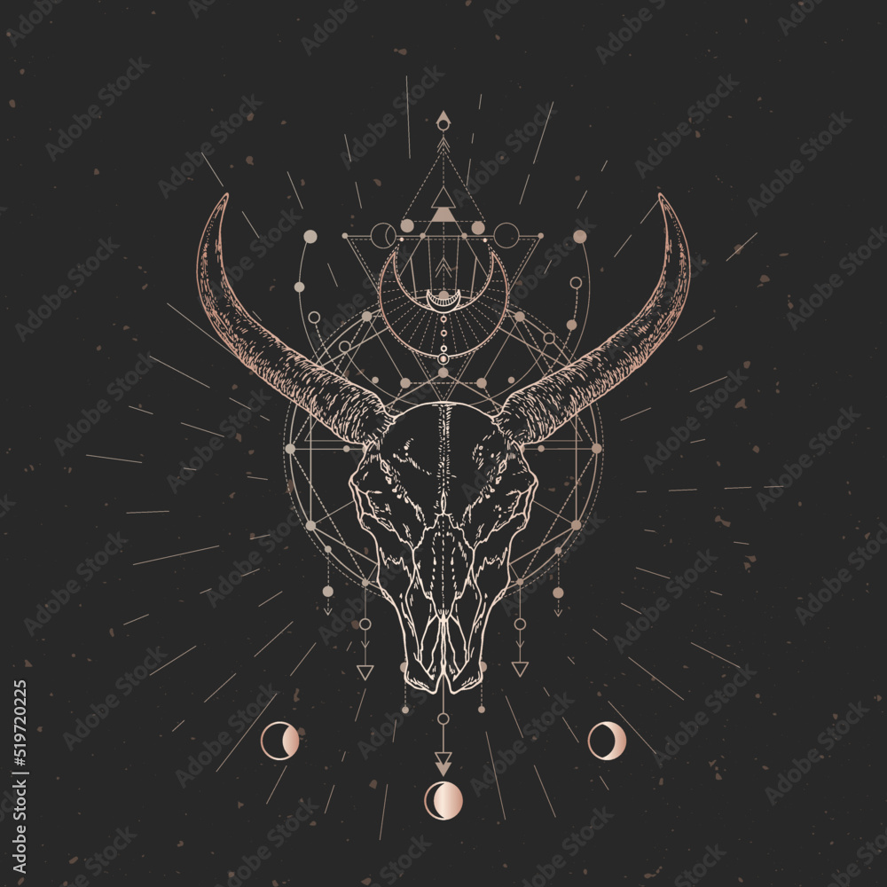 Wall mural Vector illustration with hand drawn Wild buffalo skull and Sacred geometric symbol on black vintage background. Abstract mystic sign.