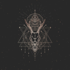 Vector illustration with hand drawn Roe deer skull and Sacred geometric symbol on black vintage background. Abstract mystic sign.