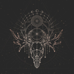 Vector illustration with hand drawn Elk skull and Sacred geometric symbol on black vintage background. Abstract mystic sign.
