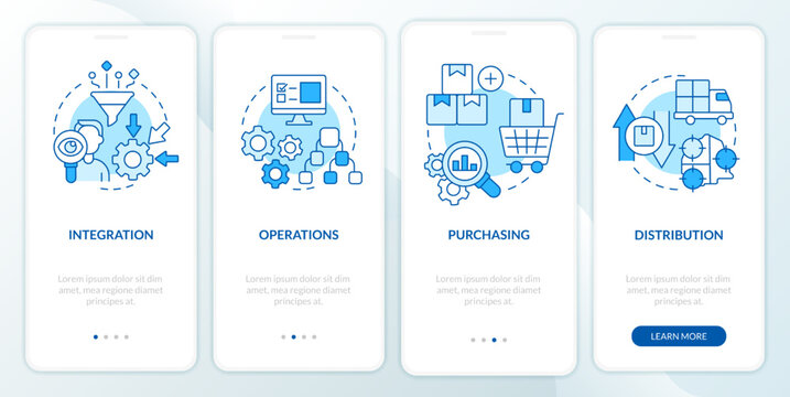 Elements Of Supply Chain Management Blue Onboarding Mobile App Screen. Walkthrough 4 Steps Editable Graphic Instructions With Linear Concepts. UI, UX, GUI Template. Myriad Pro-Bold, Regular Fonts Used