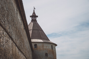 Fototapeta na wymiar The tower of the Oreshek fortress in Russia. photo horizontal