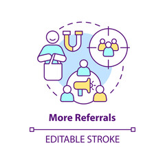 More referrals concept icon. Share experience. Tracking customer engagement abstract idea thin line illustration. Isolated outline drawing. Editable stroke. Arial, Myriad Pro-Bold fonts used