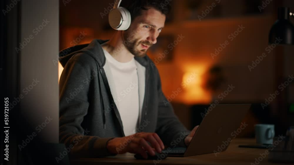 Poster information technology specialist working late on latptop. software engineer wearing hoodie, typing 