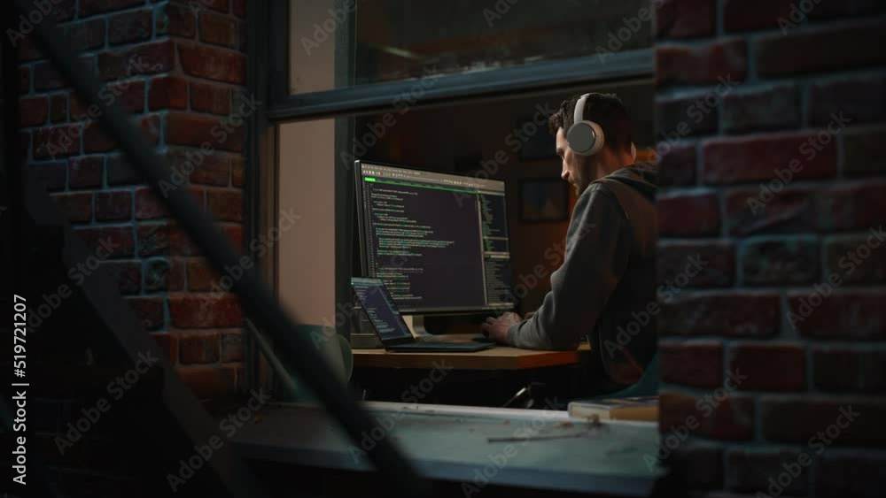 Fototapete Professional Software Developer Writing Code with Generic Programming Language. Development Interface Mockup. Information Technology Specialist. Remote Work Concept. View From Outdoors into Window.