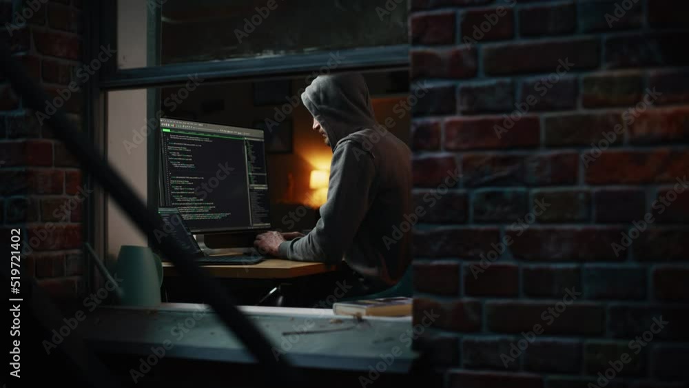 Poster Single-Minded Professional Programmer Obsessively Writing a Code on His Desktop Computer, Late at Night. IT Specialist Ethical Hacker Working on Computer, Finding Software Vulnerabilities