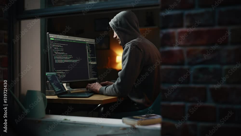 Poster Single-Minded Professional Programmer Obsessively Writing a Code on His Desktop Computer, Late at Night. IT Specialist Ethical Hacker Working on Computer, Finding Software Vulnerabilities