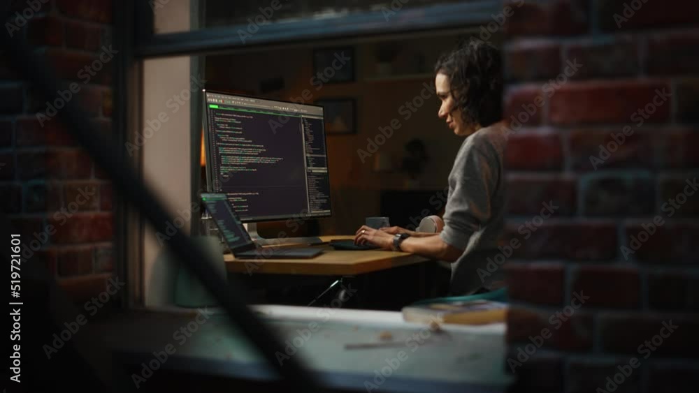 Leinwandbilder night home office: young hispanic woman is working on desktop computer. software developer, e-commer