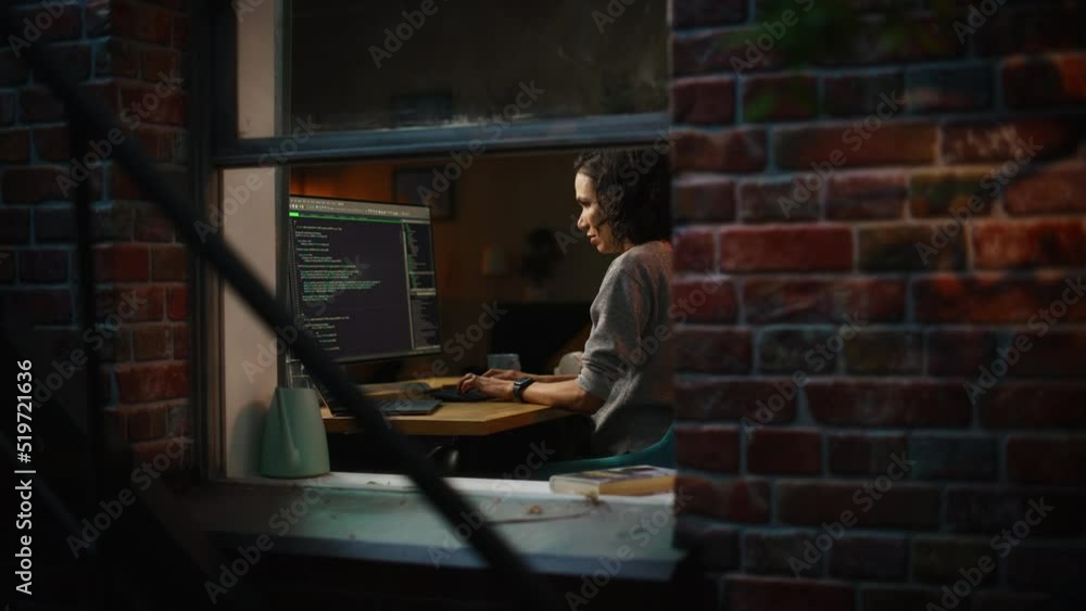 Aufkleber Night Home Office: Young Hispanic Woman is Working on Desktop Computer. Software Developer, e-Commerce Entrepreneur Writing Code for e-Business App, Designing Program. View From Outdoors into Window.