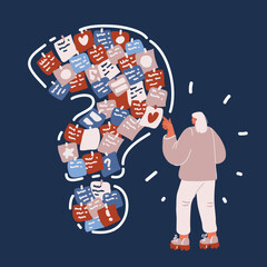 Cartoon vector illustration of woman with big question mark contains paper stickers