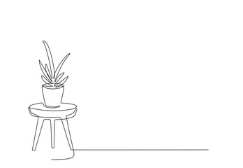 One line drawing of House plant flower in pot on table. Continuous line handdrawn of furniture and flower, plant in vase. Minimalist Vector illustration of plant. Editable stroke