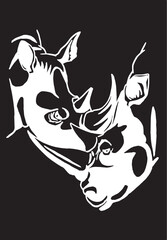 Vector stylish drawing of rhinos isolated on black,graphical ink pen illustration