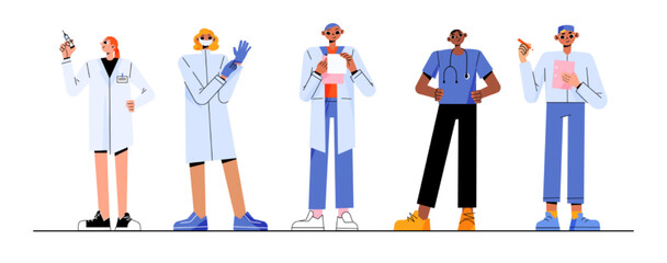 Medical staff, group of doctors and nurses in uniform and face mask. Vector flat illustration of professional medic team, diverse people work in hospital or health clinic