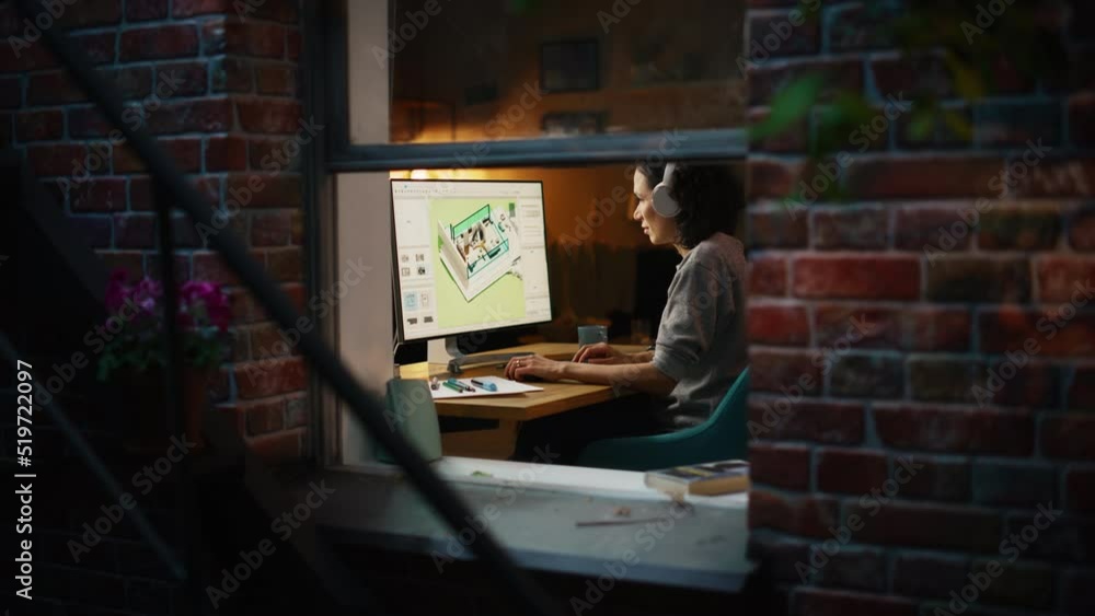 Poster Creative Female 3D Architect Artist Using Desktop Computer with Screen Showing CAD Real Estate Project. Brazilian Woman Video Game Developer Creating New Gaming Level. View Into the Apartment Window.