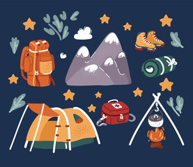 Cartoon vector illustration of Camping and hiking set. Hiking walking travel set. Backpack, mounting, tent, mat, first aid, hiker boots, cooking over a campfire