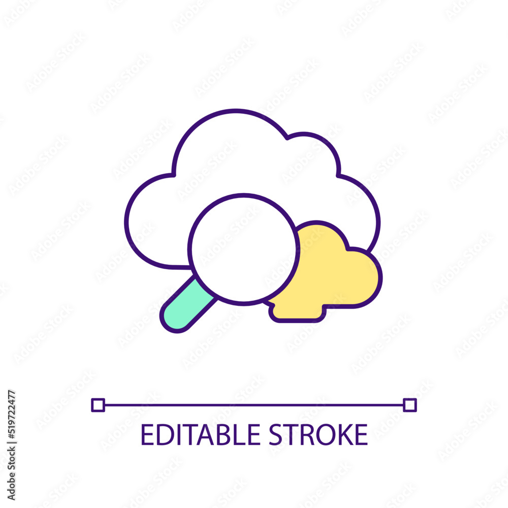 Poster studying data virtual storage rgb color icon. clouds and magnifying glass. analytics. digital inform