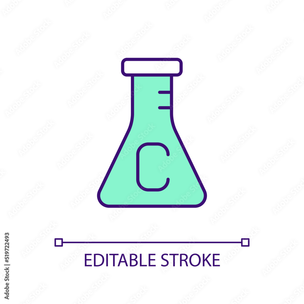 Poster erlenmeyer flask with carbon sample rgb color icon. chemical tests. toxic material in lab. isolated 