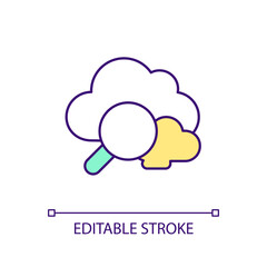 Studying data virtual storage RGB color icon. Clouds and magnifying glass. Analytics. Digital information. Isolated vector illustration. Simple filled line drawing. Editable stroke. Arial font used