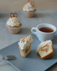 Sweet pastries decorated with caramel and salted pretzels