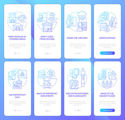 Protect from hailstorm and flood blue gradient onboarding mobile app screen set. Walkthrough 4 steps graphic instruction with linear concepts. UI, UX, GUI template. Myriad Pro-Bold, Regular fonts used