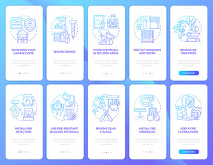 Natural disasters safety blue gradient onboarding mobile app screen set. Walkthrough 5 steps graphic instructions with linear concepts. UI, UX, GUI template. Myriad Pro-Bold, Regular fonts used