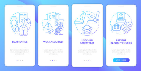 Flight safety procedures blue gradient onboarding mobile app screen. Walkthrough 4 steps graphic instructions with linear concepts. UI, UX, GUI template. Myriad Pro-Bold, Regular fonts used