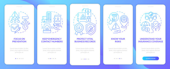 Fototapeta premium Emergency preparedness for business blue gradient onboarding mobile app screen. Walkthrough 5 steps graphic instructions with linear concepts. UI, UX, GUI template. Myriad Pro-Bold, Regular fonts used