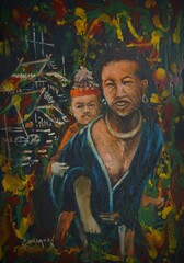 Fototapeta na wymiar Oil painting of mother holding baby, hill tribe thai life