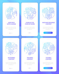 Content design blue gradient onboarding mobile app screen set. E business walkthrough 3 steps graphic instructions with linear concepts. UI, UX, GUI template. Myriad Pro-Bold, Regular fonts used