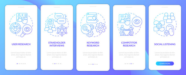 Research for content design blue gradient onboarding mobile app screen. Data walkthrough 5 steps graphic instructions with linear concepts. UI, UX, GUI template. Myriad Pro-Bold, Regular fonts used