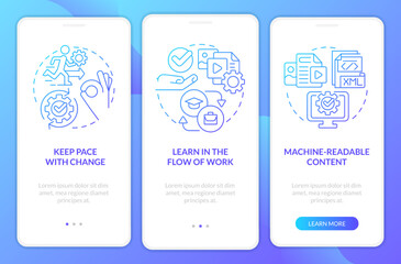 Key imperatives blue gradient onboarding mobile app screen. Content design walkthrough 3 steps graphic instructions with linear concepts. UI, UX, GUI template. Myriad Pro-Bold, Regular fonts used
