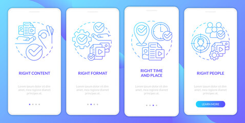 Content principles blue gradient onboarding mobile app screen. Business walkthrough 4 steps graphic instructions with linear concepts. UI, UX, GUI template. Myriad Pro-Bold, Regular fonts used