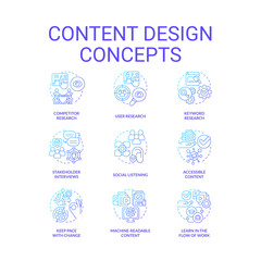 Content design blue gradient concept icons set. Information about business. Advertising service idea thin line color illustrations. Isolated symbols. Roboto-Medium, Myriad Pro-Bold fonts used