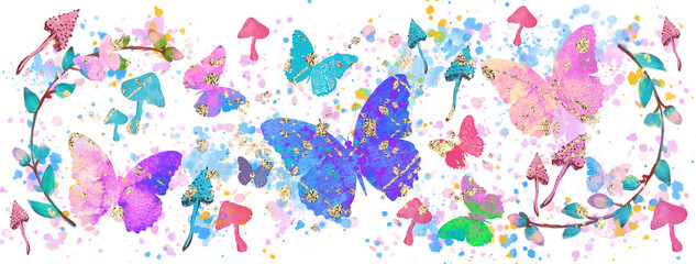 Fototapeta na wymiar Holiday botanical horizontally illustration. Butterflies, mushrooms, watercolour splashes. 